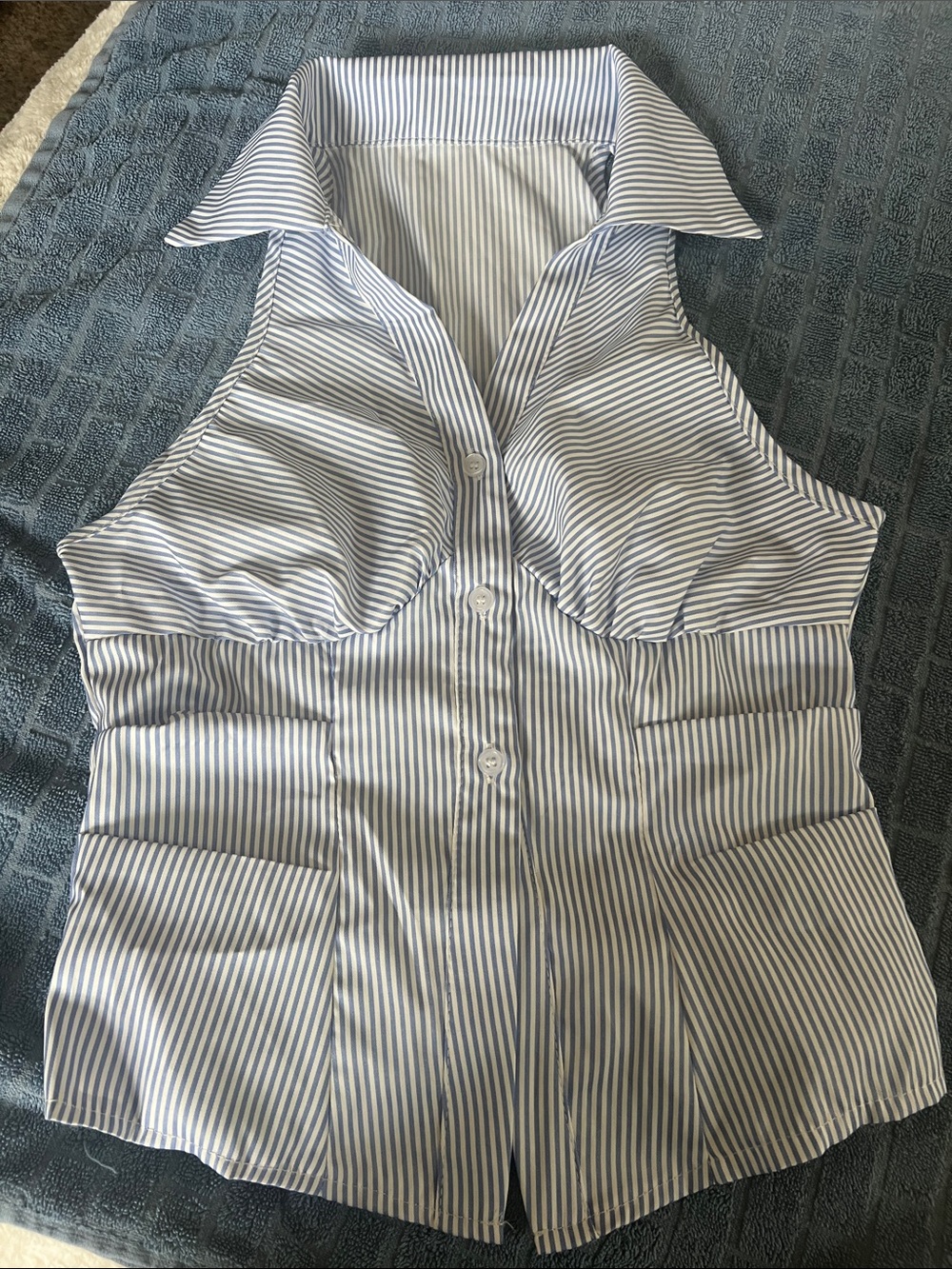 SHEIN Blue and White Striped Sleeveless Button-Up Top